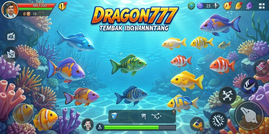 Screenshot gameplay DRAGON777 menampilkan aksi menembak ikan yang mendebarkan.
