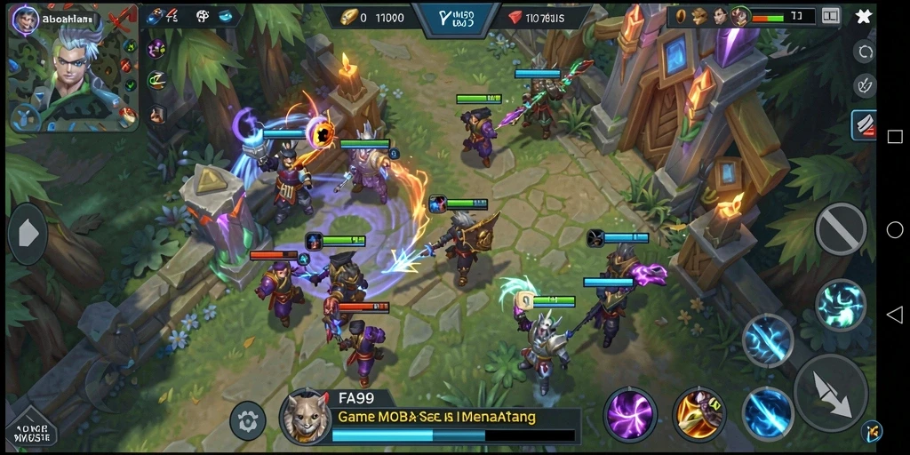 Tangkapan layar FA99 menunjukkan pertarungan intens dalam arena MOBA.