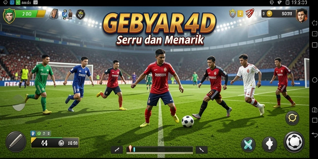Tampilan gameplay seru dalam GEBYAR4D yang menampilkan aksi sepak bola.