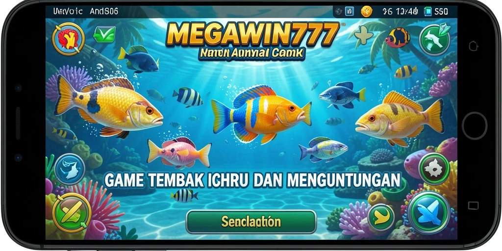 Screenshot gameplay MEGAWIN777 dengan berbagai ikan berwarna dan senjata tembak.